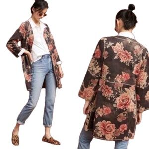 Anthropologie Solitaire Faux Suede Long Open Jacket Size S Garden Floral Print